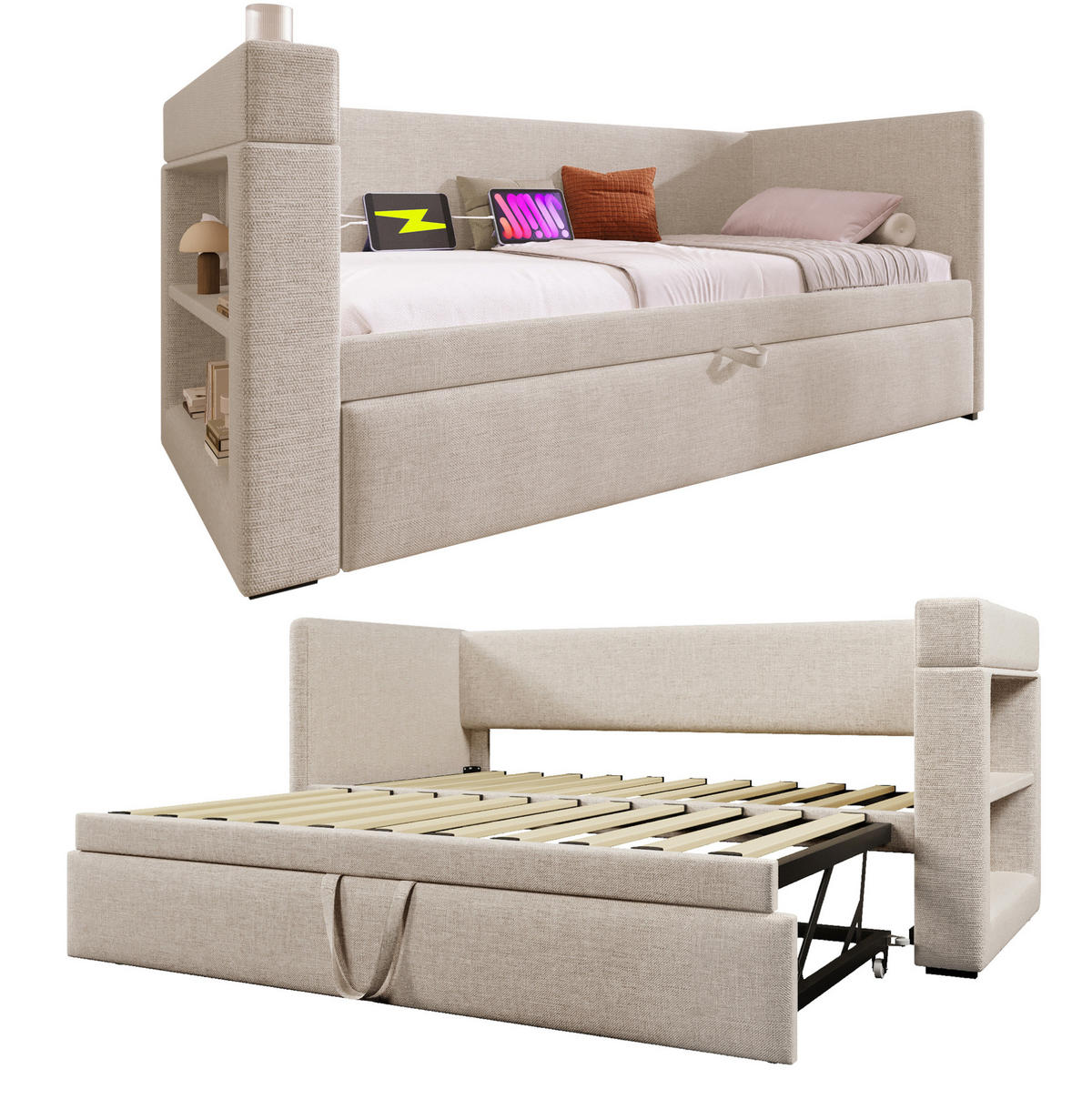 POLSTERBETT 90/190 cm mit Ausziehbett, USB-C und Getränkehaltern - Beige, Textil (90/190cm) - BEAOK