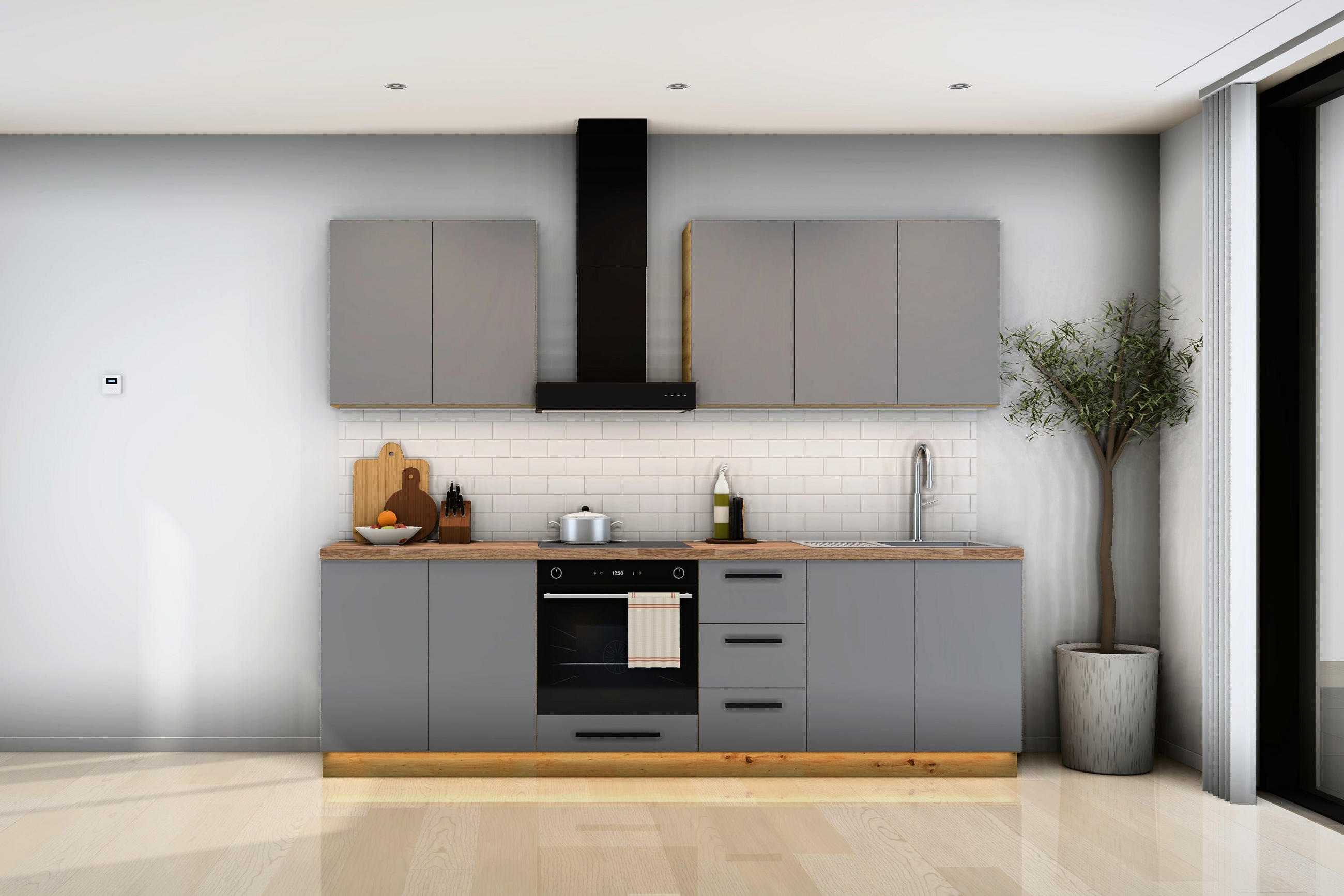KÜCHENZEILE Nexa Grau – 260 cm – K97-G260 - Schwarz/Grau, Holzwerkstoff/Metall (260/212/52cm) - ROYAL24_MARKT