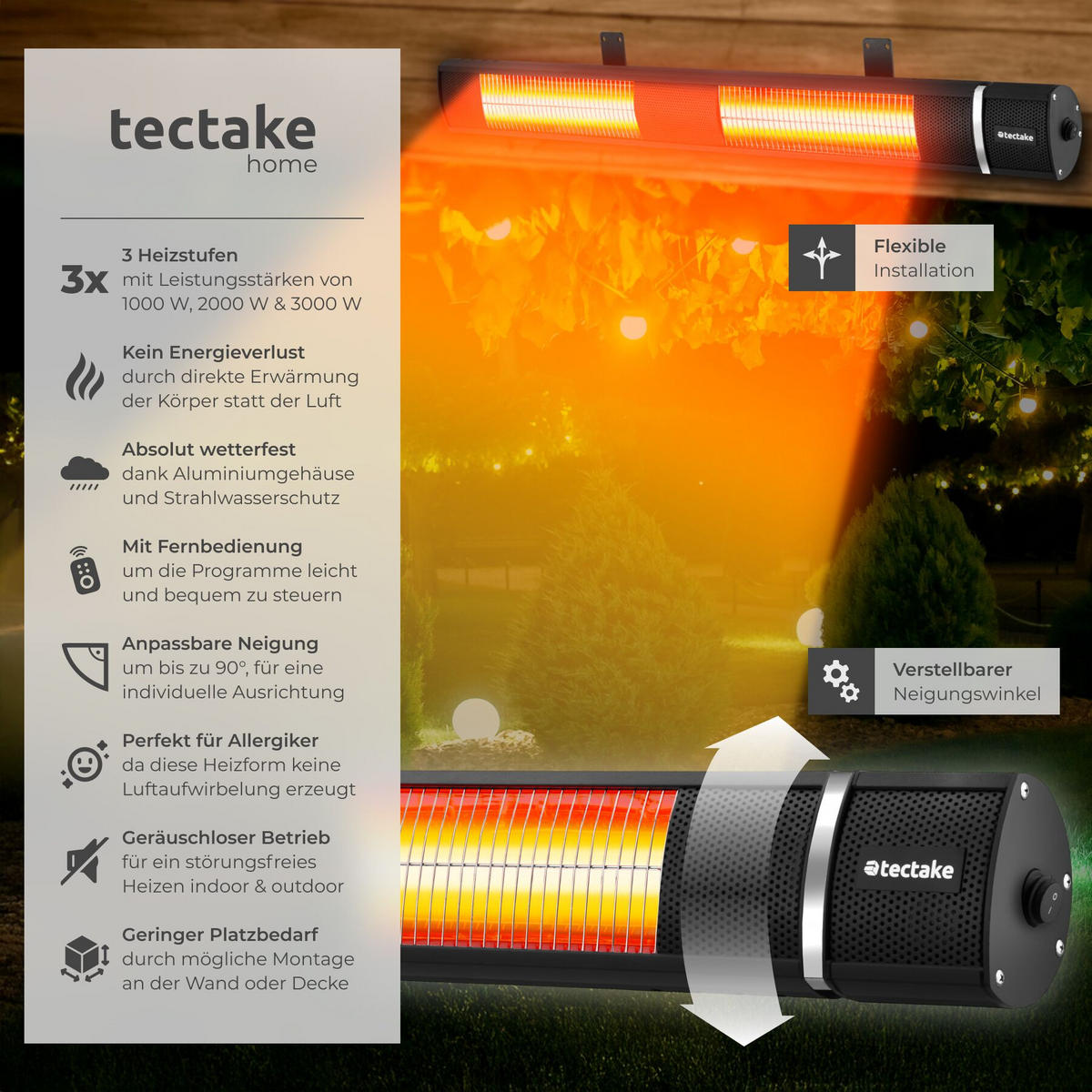 INFRAROTHEIZSTRAHLER Solaris Horizon, einfache Montage, 95 x 11 x 10,5 cm, schwarz - Schwarz, Metall (10.5/8/95cm) - tectake