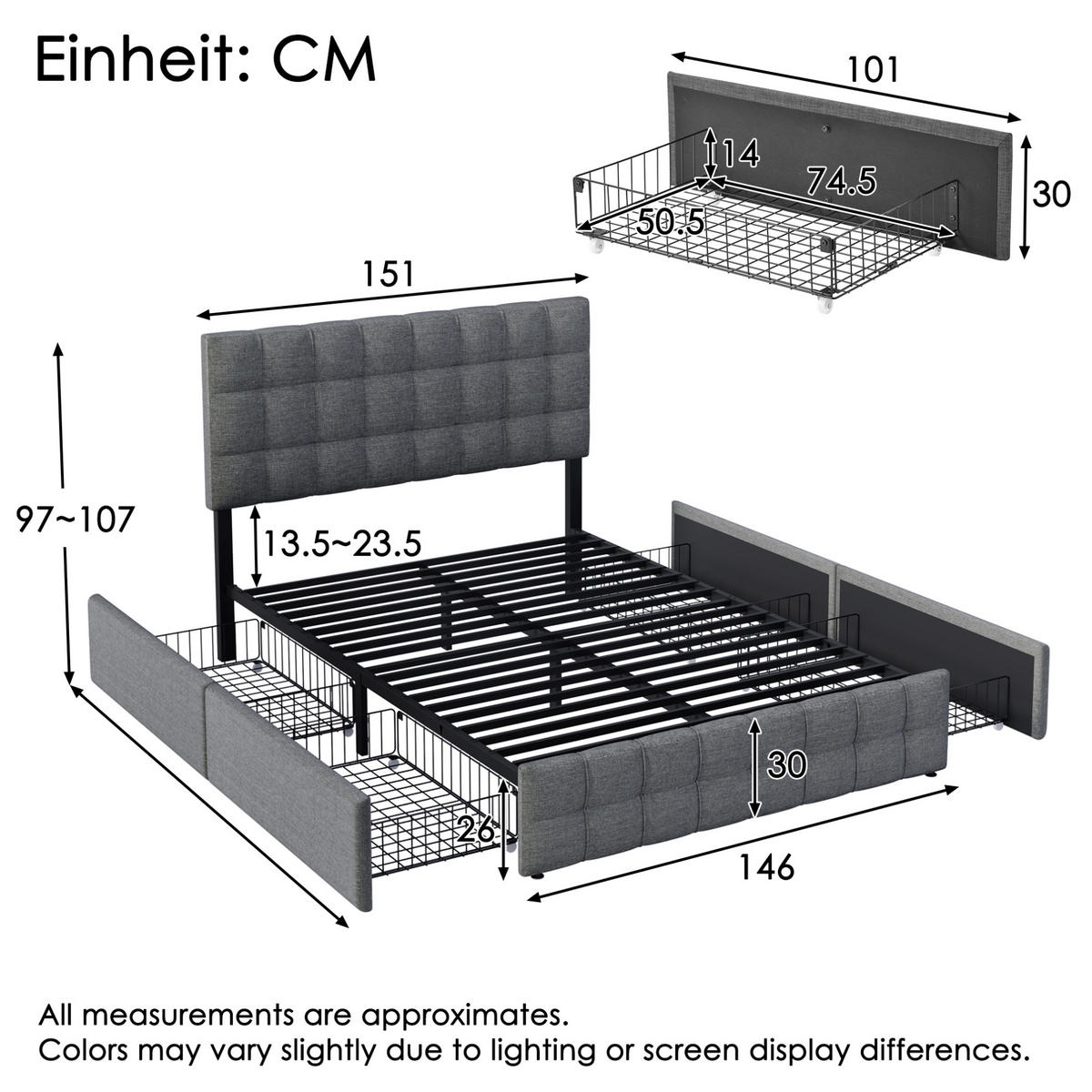 POLSTERBETT mit 4 Schubladen 140x200 cm Leinen Grau - Grau, Metall (140/200cm) - Meubliv