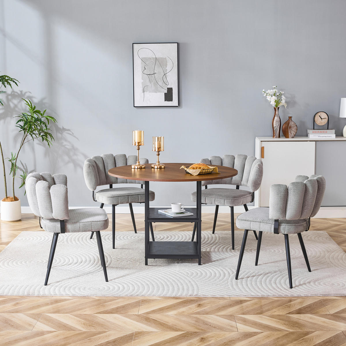 ESSTISCH-SET 5-tlg. rund 107 cm Nussbaumoptik Grau Schwarz - Grau, Metall (107/75/107cm) - Meubliv