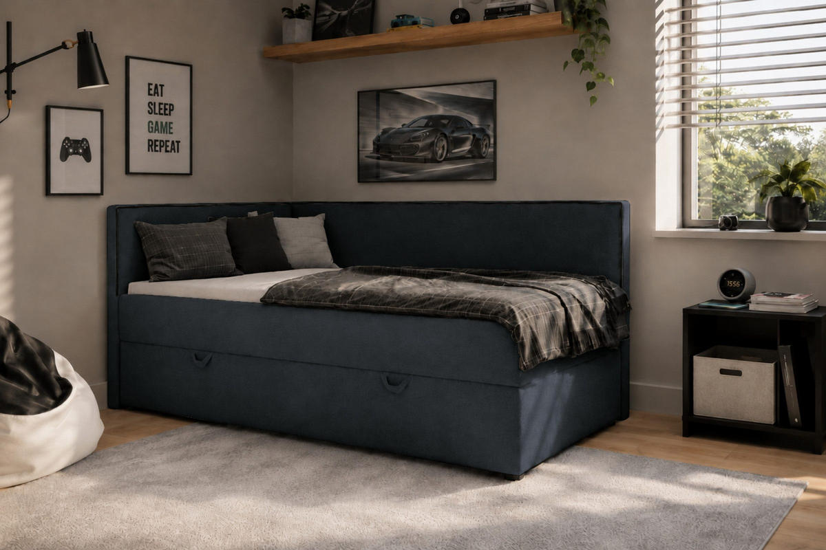 BOXBETT GINA 90/200 in Boucle Dunkelblau H4 - Dunkelblau, Holz/Holzwerkstoff (90/200cm) - Deine Möbel 24
