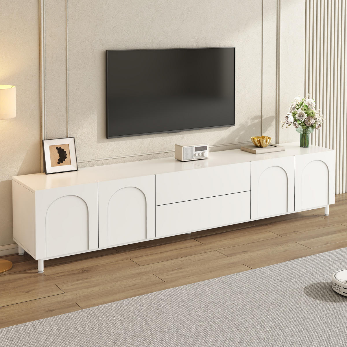 TV-SCHRANK 4 Türen 2 Schubladen Bogen Türen Modern - Weiß, Holzwerkstoff (180/48/40cm) - FLIEKS