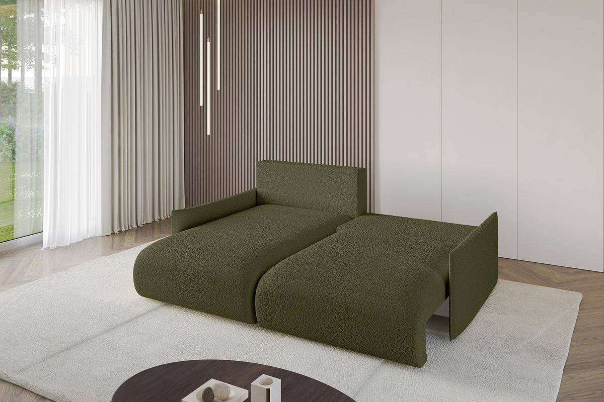 ECKSOFA mit Schlaffunktion und Bettkasten ONESK-L -v1 208x165x40 Grün Bouclé - Grün, Holzwerkstoff/Kunststoff (208/165cm) - ALTDECOR