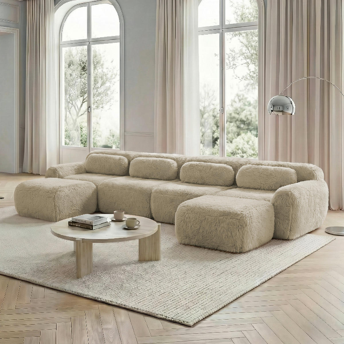 ECKSOFA 378/179/73 cm hellkhaki aus Plüschstoff rahmenlos und frei kombinierbar - Beige, Textil (179/378cm) - OKWISH