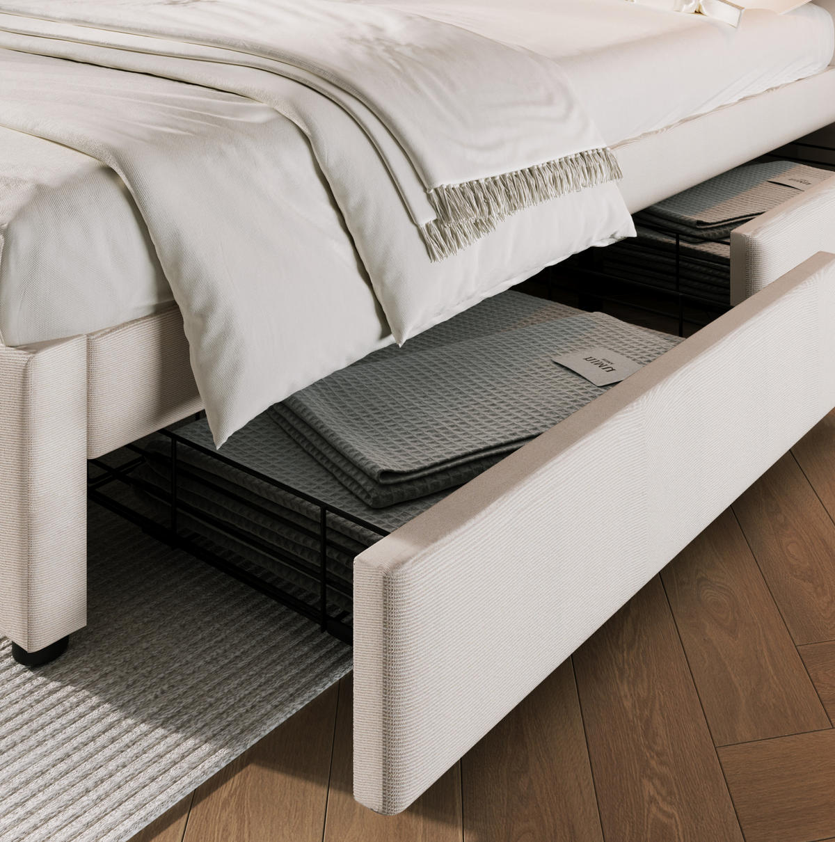 POLSTERBETT 160/200 cm mit 4 Schubladen, USB/Type-C & höhenverstellbarem Kopfteil, Beige - Beige, Textil (160/200cm) - Redom