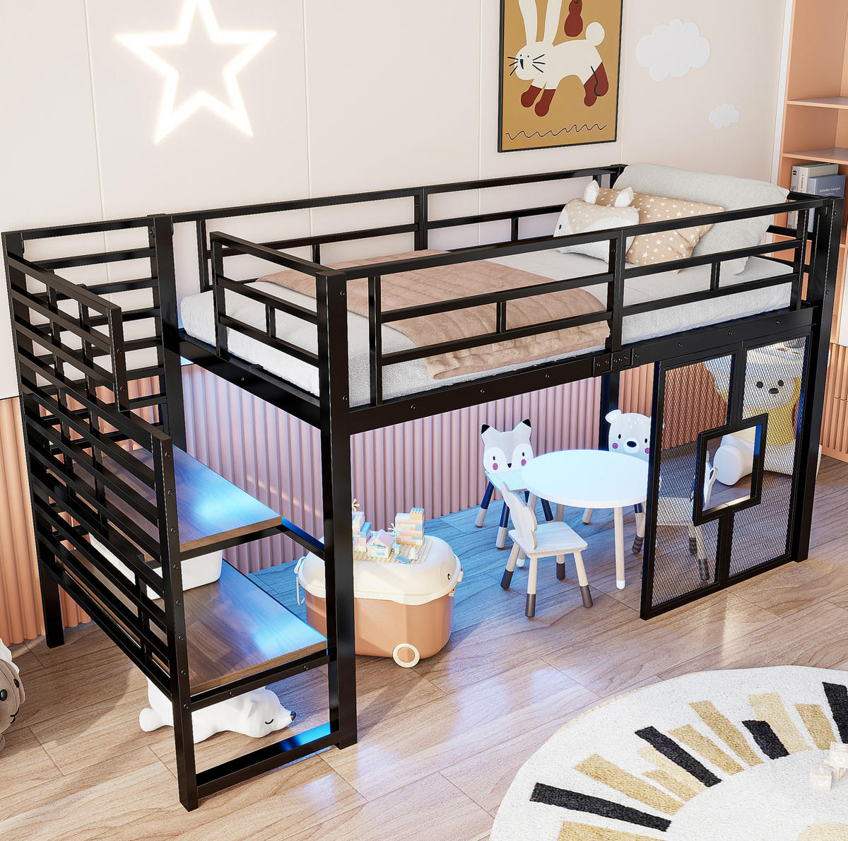 HOCHBETT 90/200 cm mit Stauraumtreppe, LED-Beleuchtung und Fenstern, Schwarz - Schwarz, Metall (90/200cm) - Redom