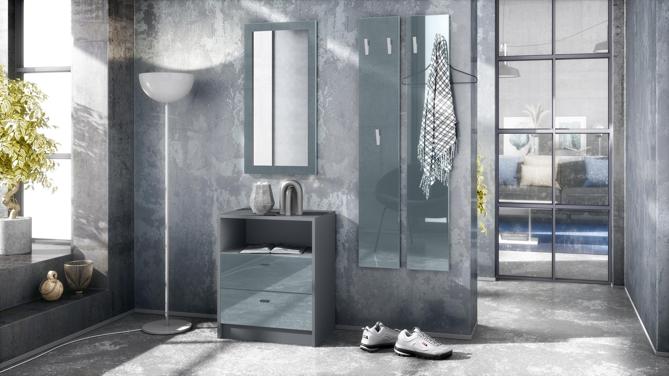 GARDEROBE Pino Grau Hochglanz - Grau, Holzwerkstoff (130/185/36cm) - Vladon