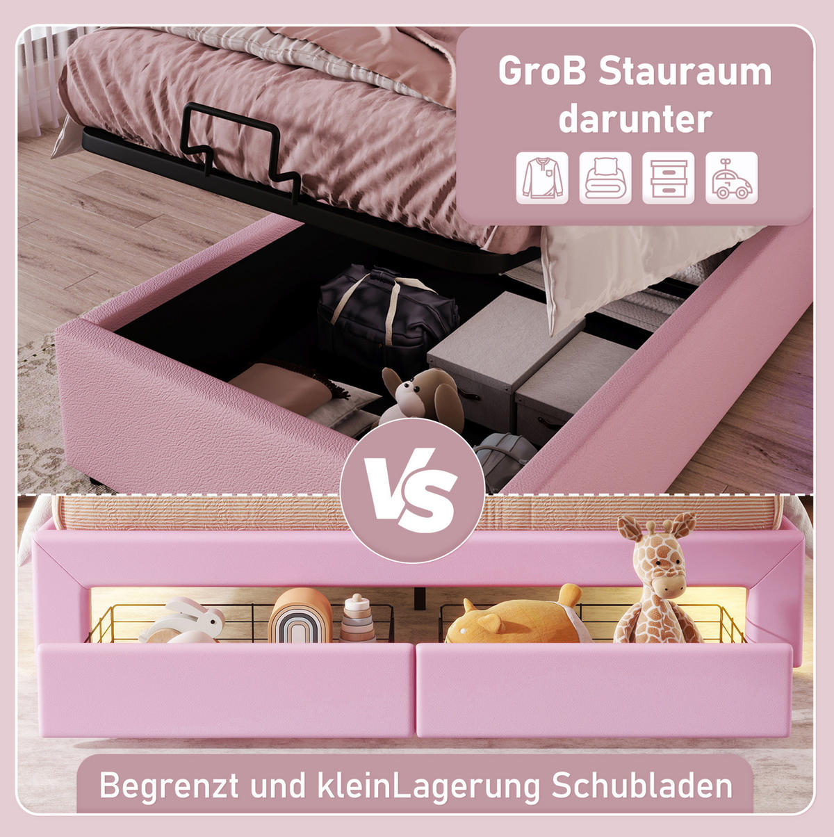POLSTERBETT 90/200 cm in Rosa mit Stauraum und LED-Beleuchtung - Rosa, Kunststoff (90/200cm) - Flora Grace