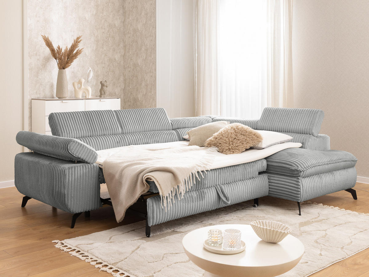 ECKSOFA mit Schlaffunktion und Bettkasten Bonnie aus Hellgrau Cord-Stoff mit verstellbaren Kopfstützen und Armlehne - Ottomane rechts - Hellgrau/Schwarz, Holz/Textil (275/210cm) - S-Style Möbel