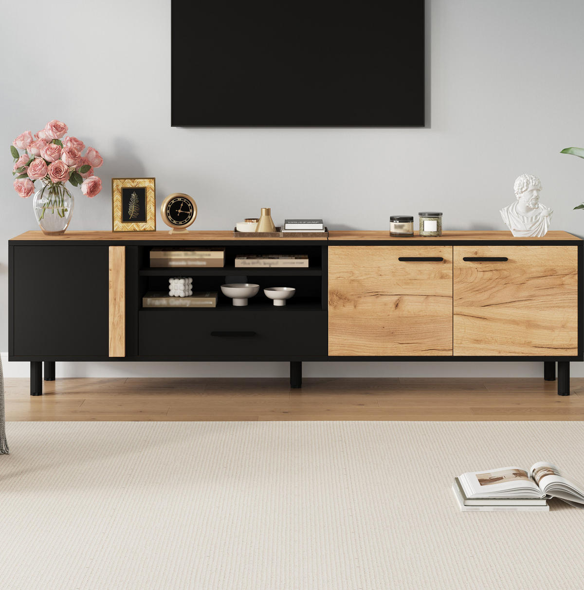 TV-LOWBOARD aus Spanplatte 180x32,5x50 cm Schwarz/Holzoptik mit 3 Türen und Schublade - Schwarz, Holzwerkstoff (180/50/32.5cm) - IVMEU