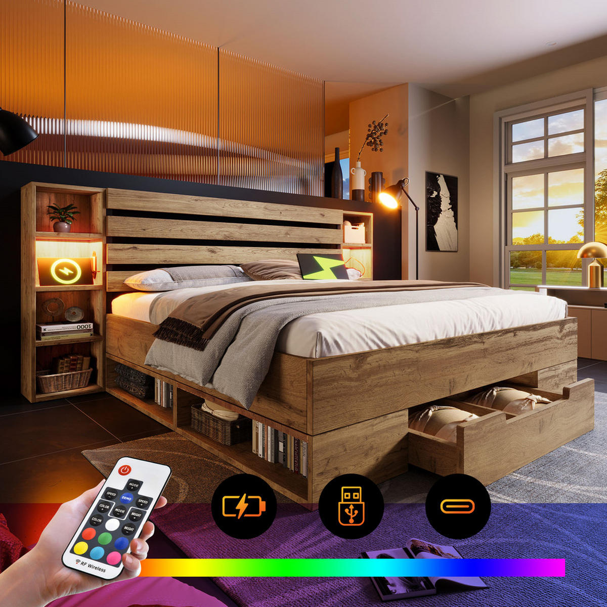 DOPPELBETT 180x200cm Massivholzbett LED-Beleuchtung USB-C Stauraum Eiche - Braun, Holz - FLIEKS