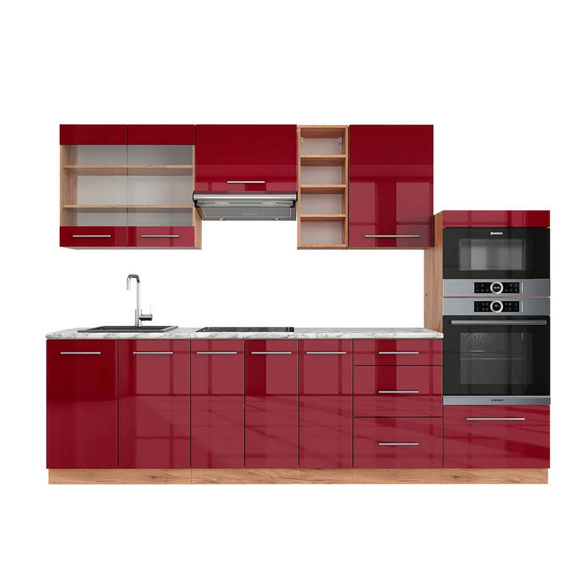 KÜCHENZEILE Fame-Line Bordeaux Hochglanz/Goldkraft Eiche 280 cm AP Marmor - Honigeiche/Bordeaux, Holzwerkstoff (280/81.6/60cm) - Vicco