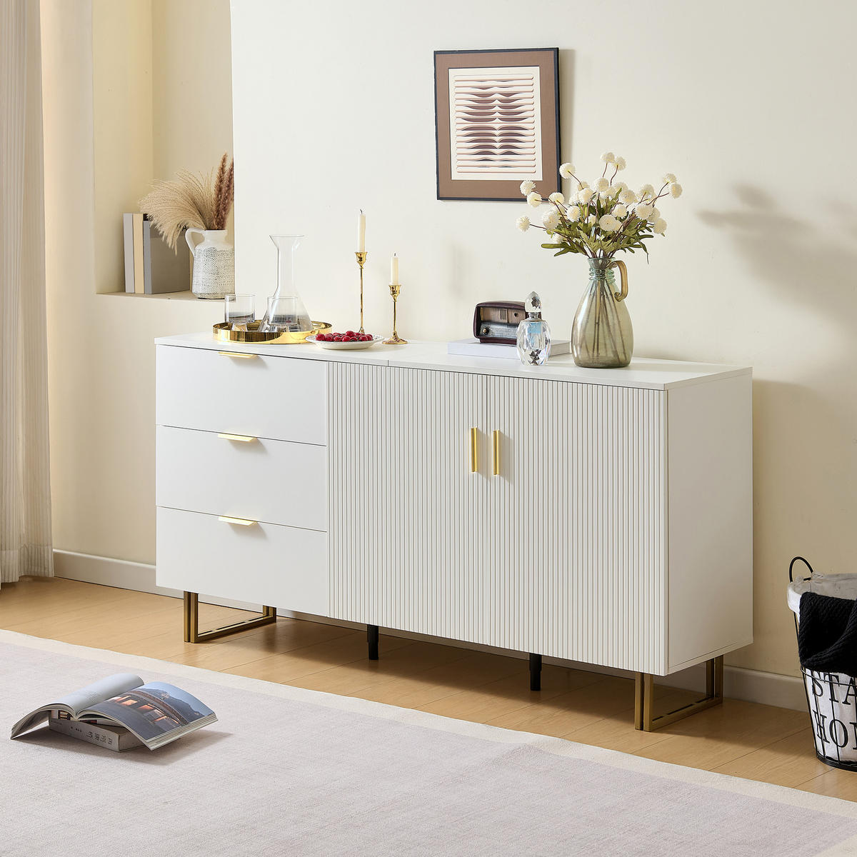 SIDEBOARD 160cm 2 Türen 3 Schubladen Gold Stahl modern - Weiß, Holzwerkstoff (40/81.5/160cm) - FLIEKS