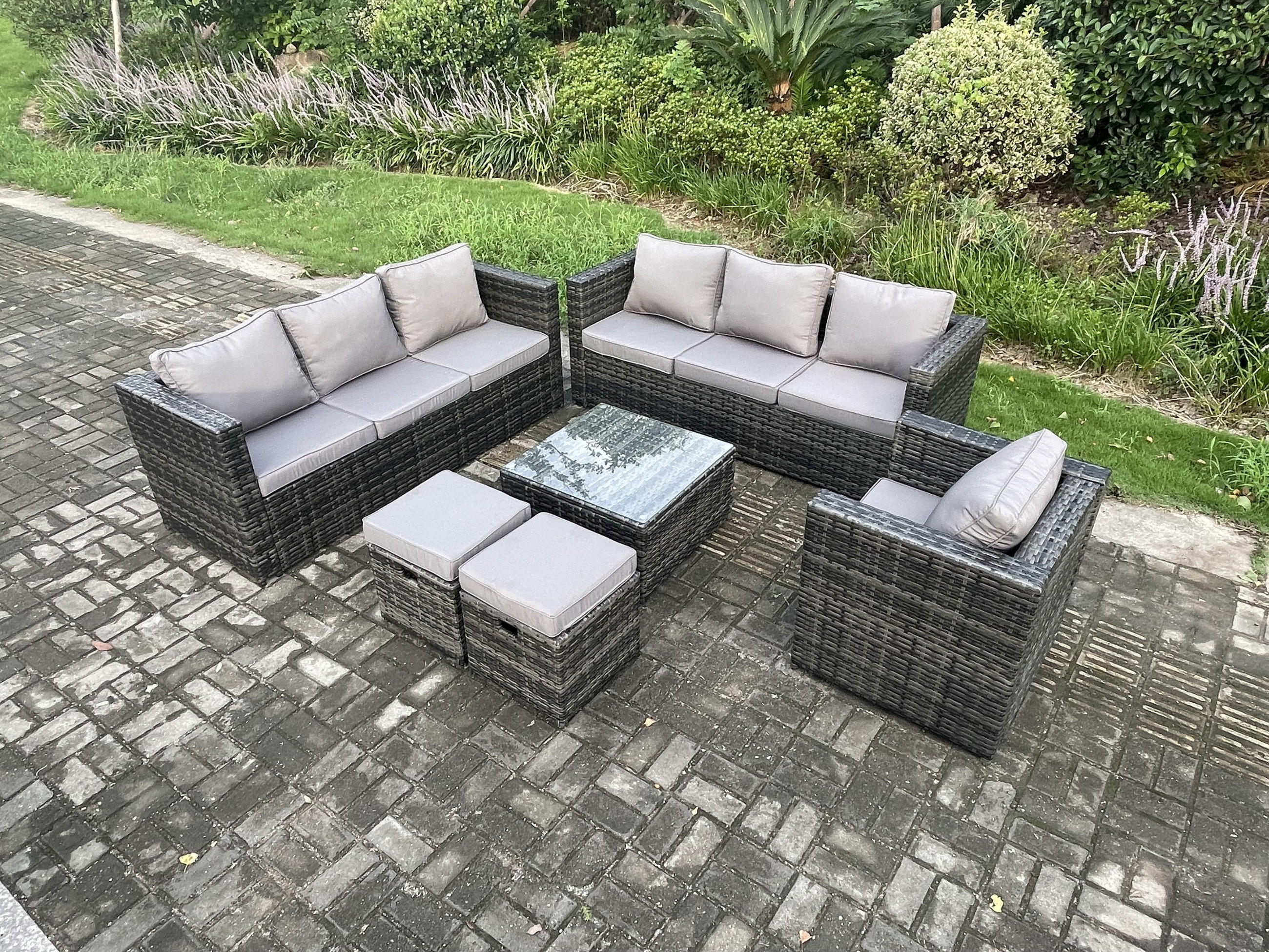 GARTENTISCHGRUPPE Polyrattan 9-Sitzer - Dunkelgrau, Metall - Fimous