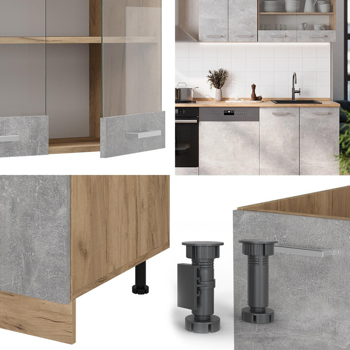 KÜCHENZEILE R-Line Beton/Goldkraft Eiche 300 cm , AP Eiche - Honigeiche/Grau, Holzwerkstoff (300/81.6/60cm) - Vicco