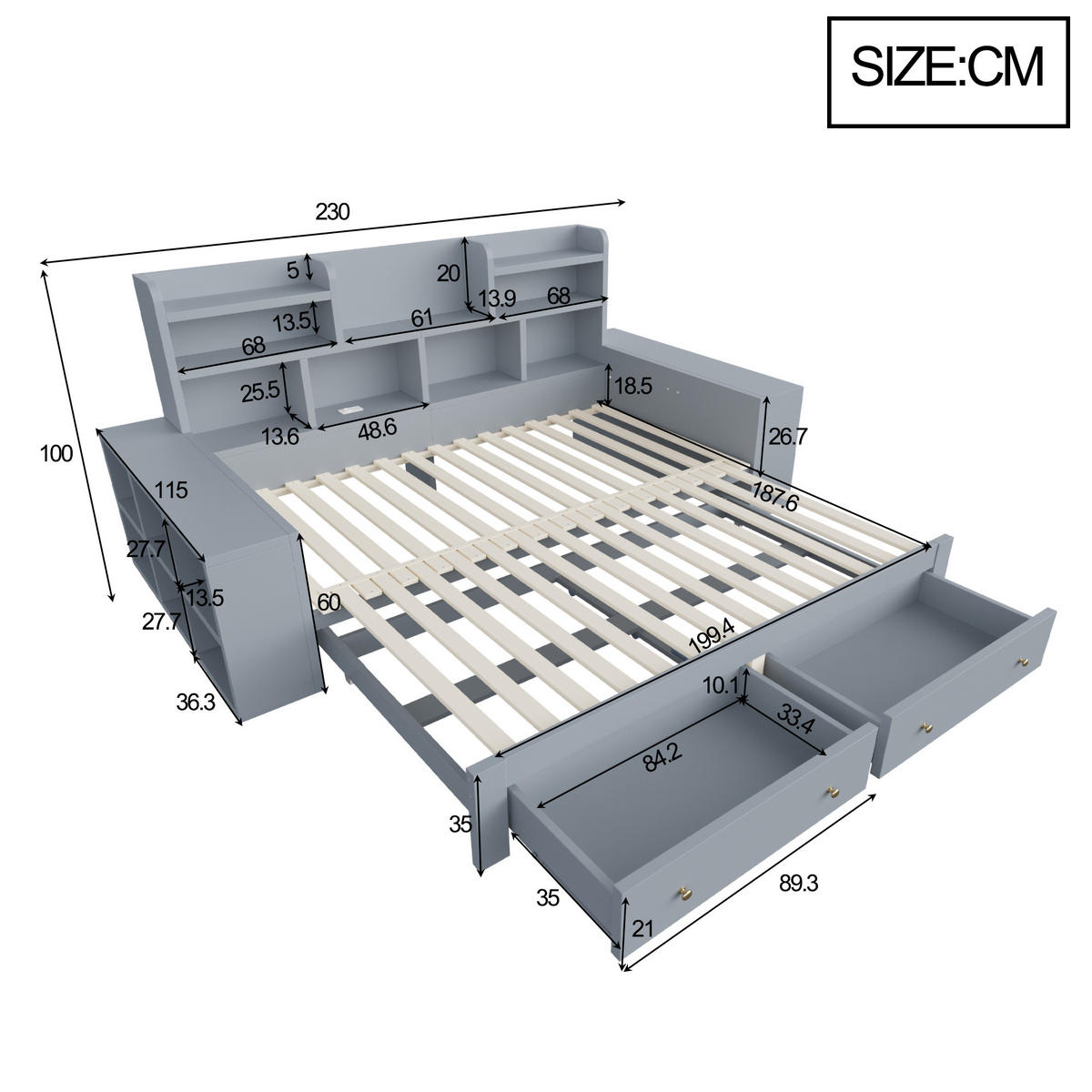 AUSZIEHBETT 90/180/200 cm mit Ablagefächern und Schubladen, DE-41646, in Grau - Grau, Holzwerkstoff (90/200cm) - ComfortXL