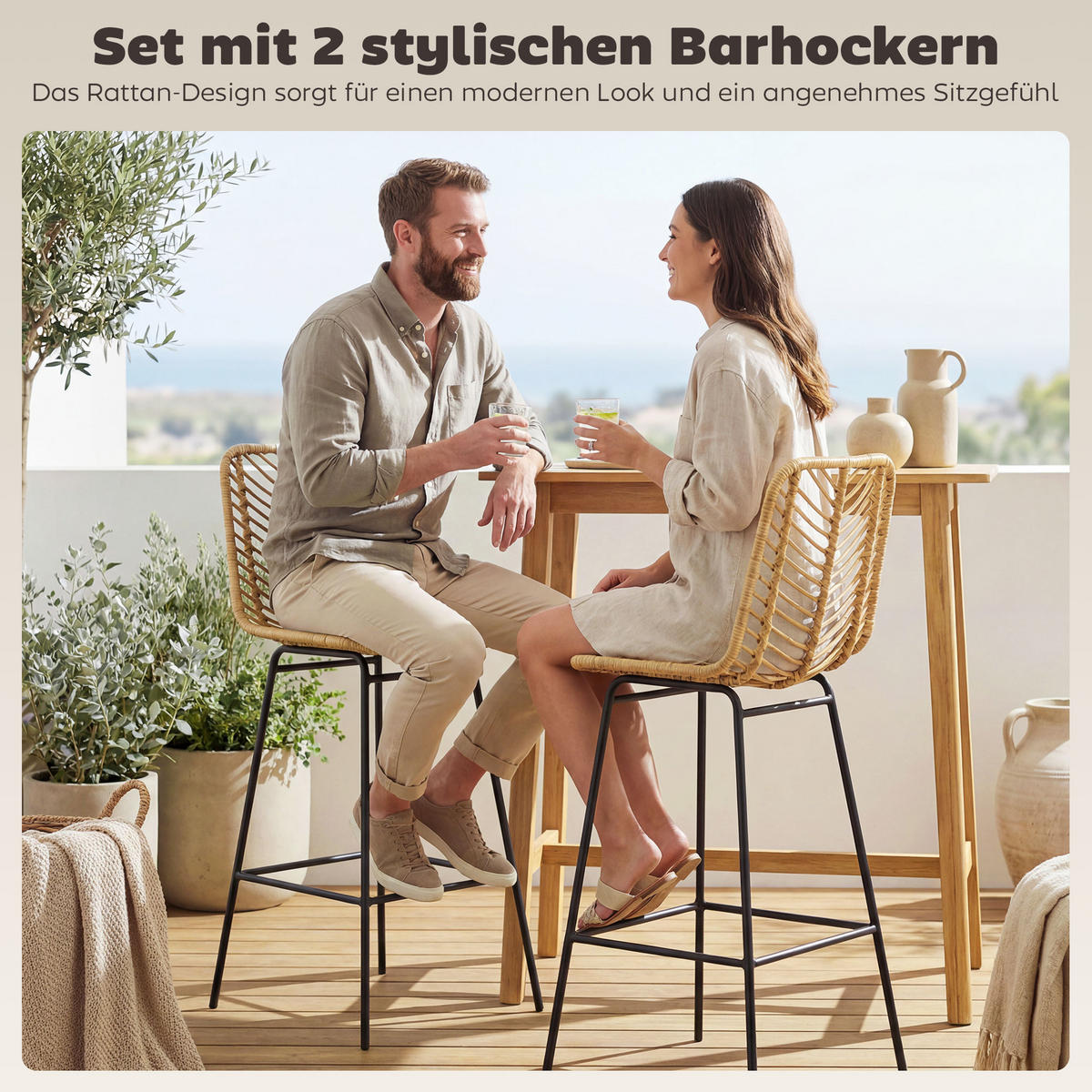 BARHOCKER 2er-Set DE-08018 Boho-Design, PE-Rattan, mit Fußstütze Gelb - Gelb, Metall (52/102/42.5cm) - ComfortXL