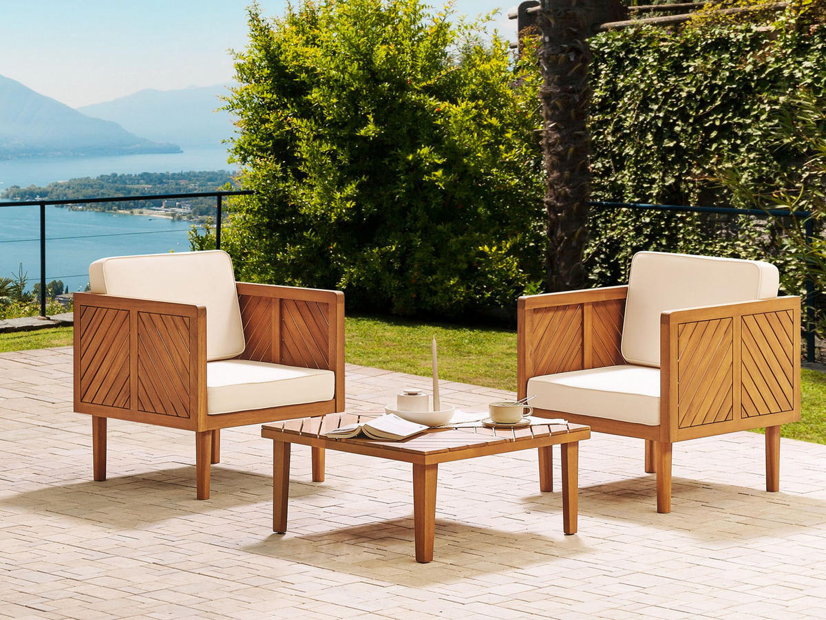BALKONSET 2-Sitzer Akazienholz hellbraun Auflagen creme Baratti - Hellbraun/Weiß, Holz/Textil - Beliani