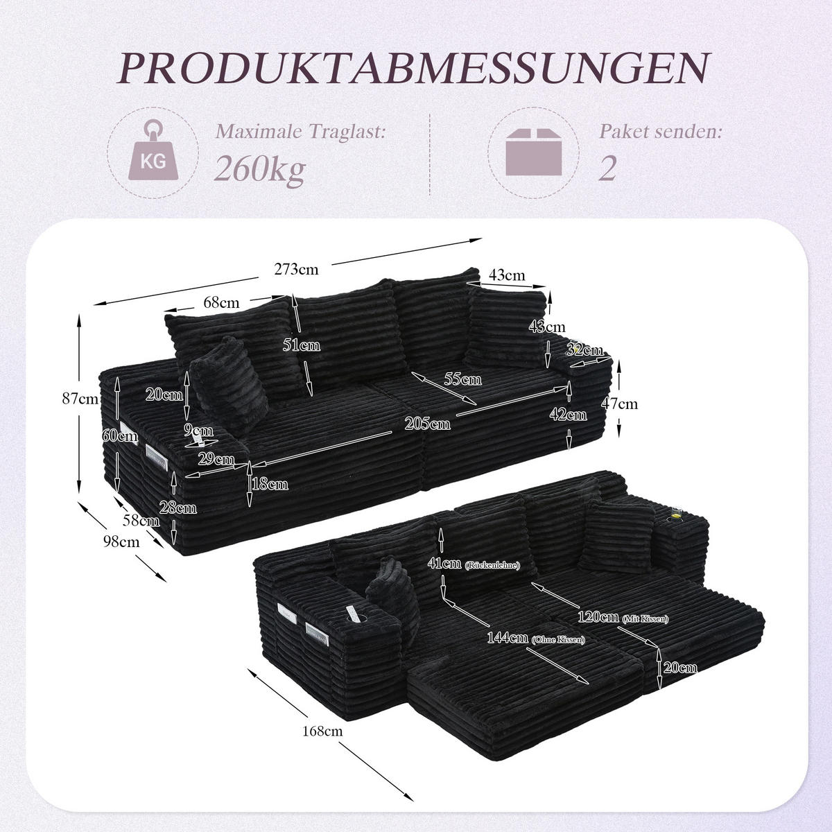 SCHLAFSOFA 273/98/87 cm Schwarz mit beidseitigen Taschen und Getränkehaltern - Schwarz, Textil (107.48/34.25/38.58cm) - Oxeza