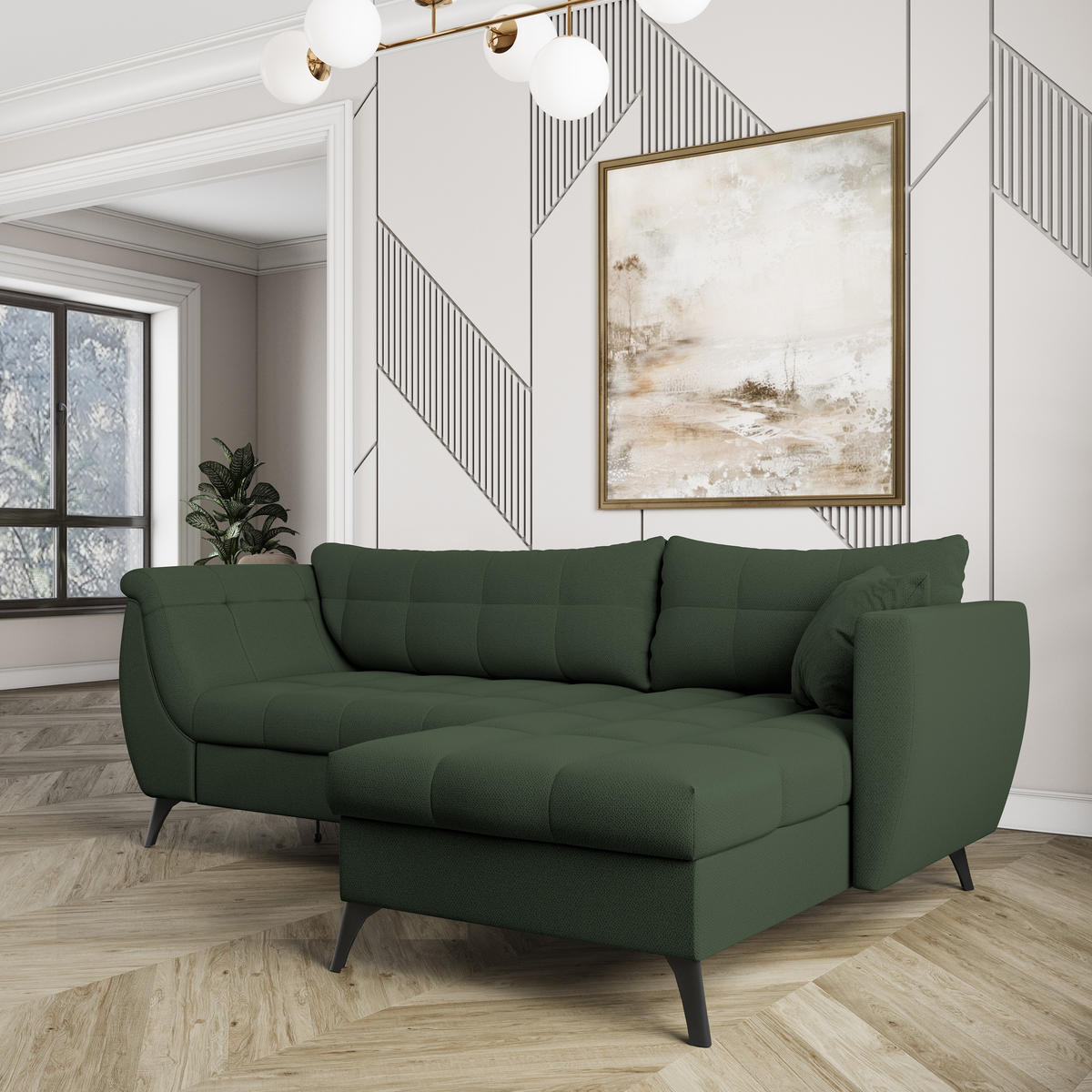 ECKSOFA MOLLIS Grün Geflochtener-Stoff mit Schlaffunktion - Grün, Holz (241/154cm) - MASSENO