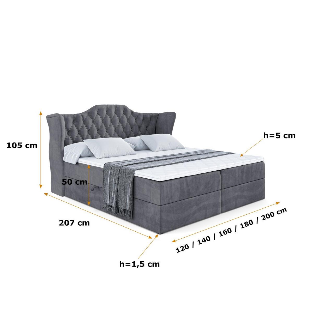 BOXBETT mit Matratze H4 und Lattenrost - VILA - 180x200 cm - H4 - Dunkelgrau - Dunkelgrau, Holzwerkstoff (180/200cm) - ALTDECOR