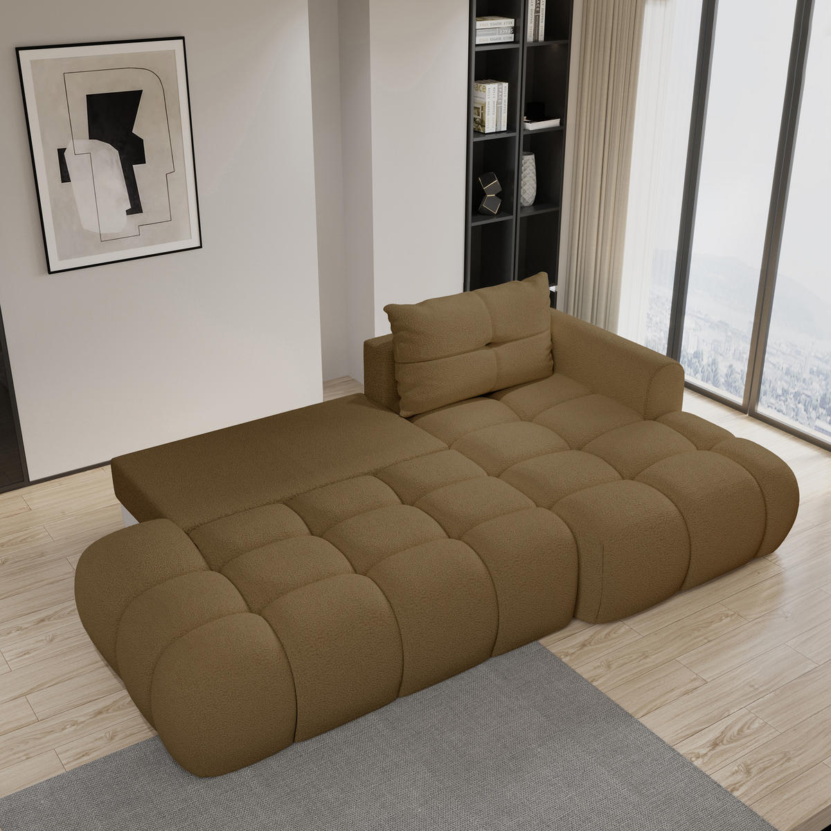 ECKSOFA FLUMA R-S Orange Boucle-Stoff mit Schlaffunktion - Orange, Holz (274/165cm) - MASSENO
