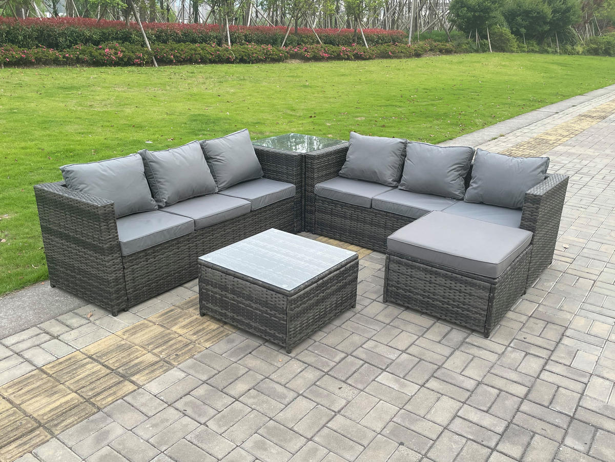 LOUNGESOFA Polyrattan 7-Sitzer - Dunkelgrau/Grau, Glas/Kunststoff - Fimous