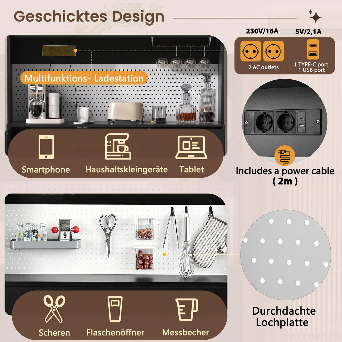 KÜCHENOBERSCHRANK 120/40/184 cm in Schwarz mit Schubladen, Steckdosen und Fluted Glas - Schwarz, Holzwerkstoff (120/184/40cm) - BEAOK