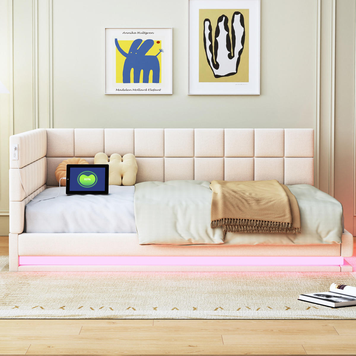 POLSTERBETT mit LED-Beleuchtung 140/200 cm mit USB und Lattenrost in Beige - Beige, Leder (140/200cm) - BEAOK