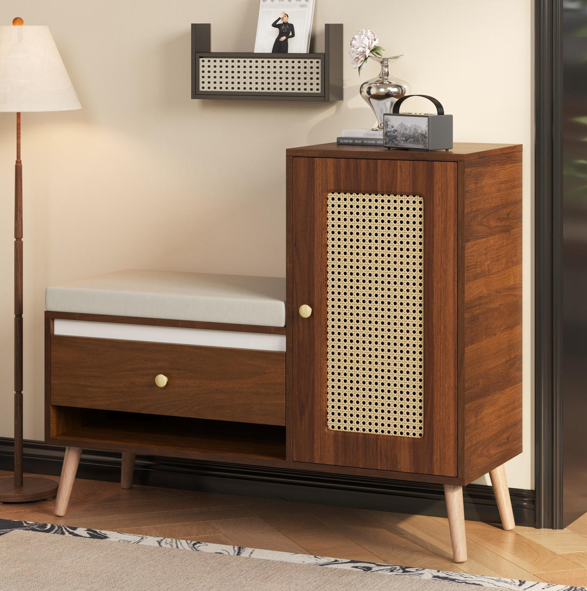 SCHUHSCHRANK 95,5/35/80,5 cm mit Sitzkissen, Schubladen und Rattan-Optik, Nussbaum - Dunkelbraun, Holzwerkstoff (95.5/80.5/35cm) - Redom