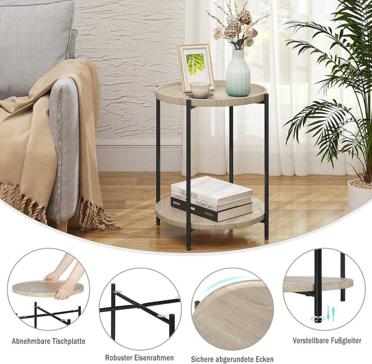 COUCHTISCH rund, mit 2 Ablagen, Helle Eiche - Eichefarben/Schwarz, Holzwerkstoff/Metall (43/43/51cm) - Woltu