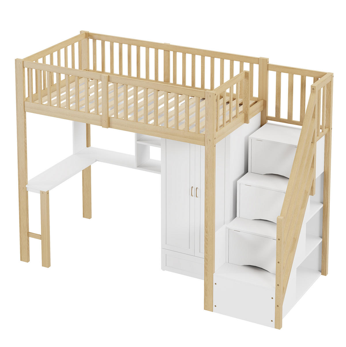 HOCHBETT 90/200 cm aus Holzwerkstoff mit Kleiderschrank, Schreibtisch, Regal und Treppe mit Schubladen, Natur/Weiß - Naturfarben, Holzwerkstoff (90/200cm) - Redom