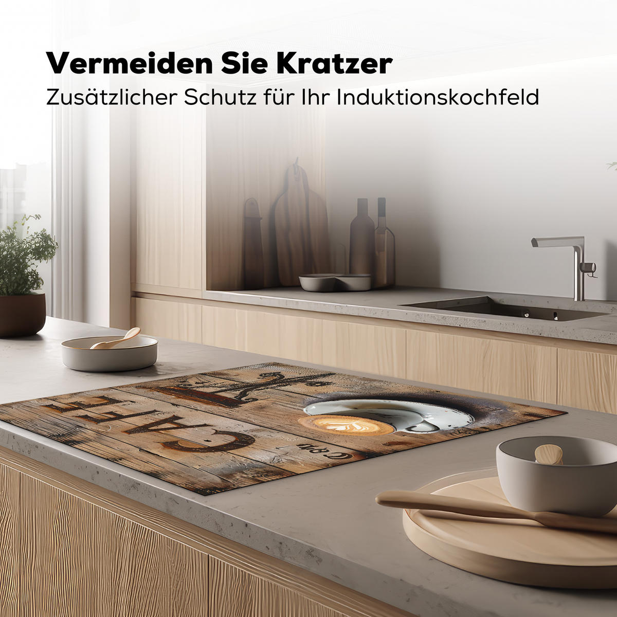 HERDABDECKPLATTE Cafe - Holz - Kaffee - Regale Induktionsmatte 78x78 cm - Schwarz, Kunststoff (78/78/0.2cm) - MuchoWow