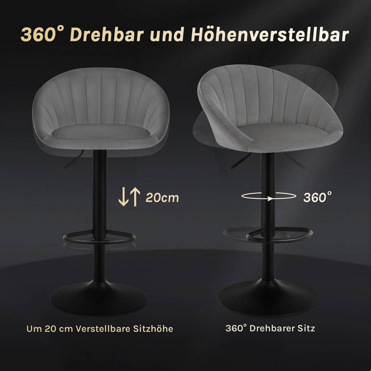 BARHOCKER 4er Set mit Rückenlehne, Samt, Dunkelgrau - Dunkelgrau/Schwarz, Textil/Metall (53/83/45cm) - Woltu