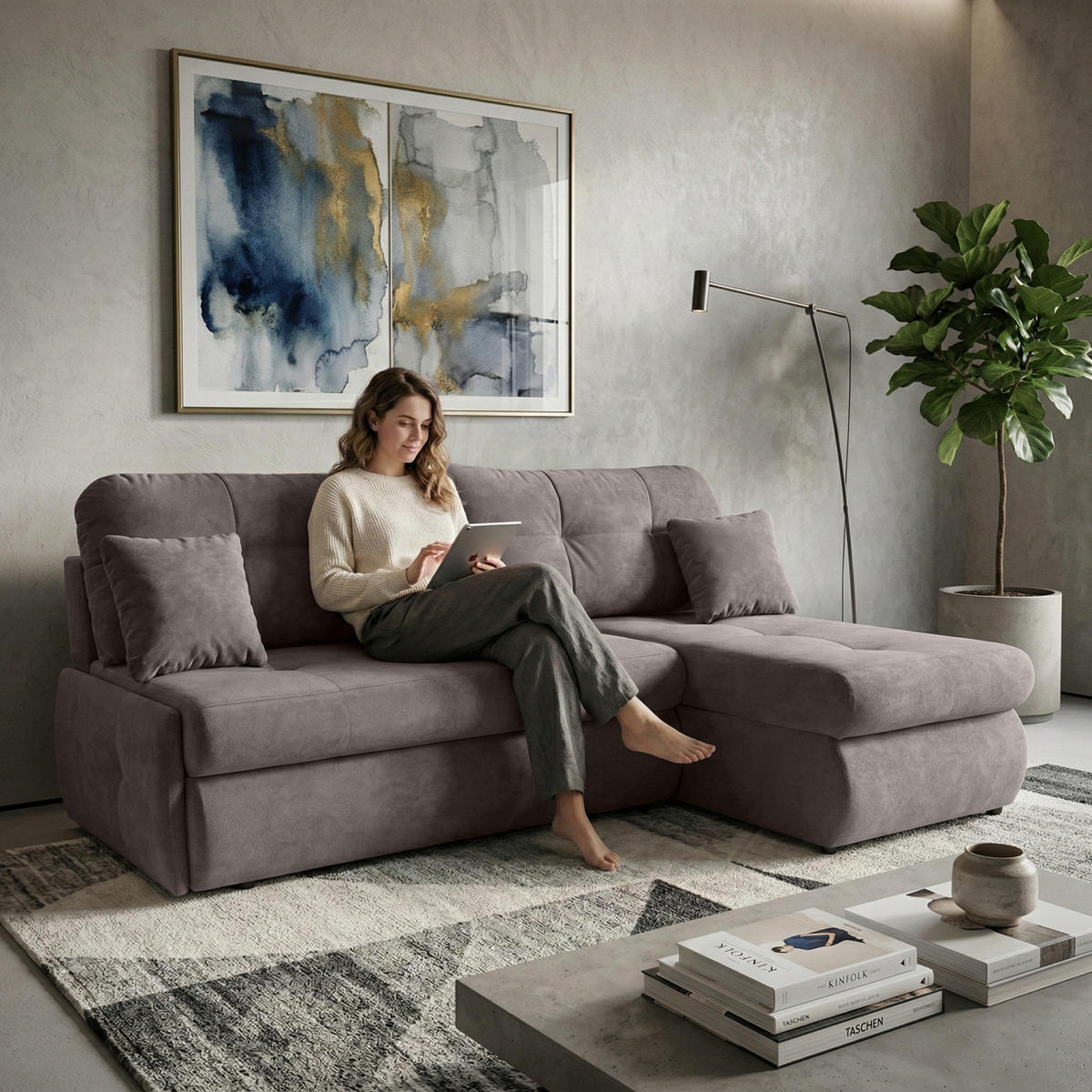 ECKSCHLAFSOFA Tino mit Schlaffunktion und Bettkasten, universeller Ottomane, Braun - Braun, Textil (216/155cm) - Beautysofa