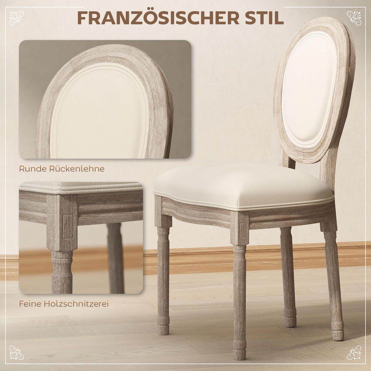2ER Set Esszimmerstühle Küchenstuhl mit Rattan-Rückenlehne Linen-Touch - Creme, Kunststoff (56/96/49cm) - HOMCOM