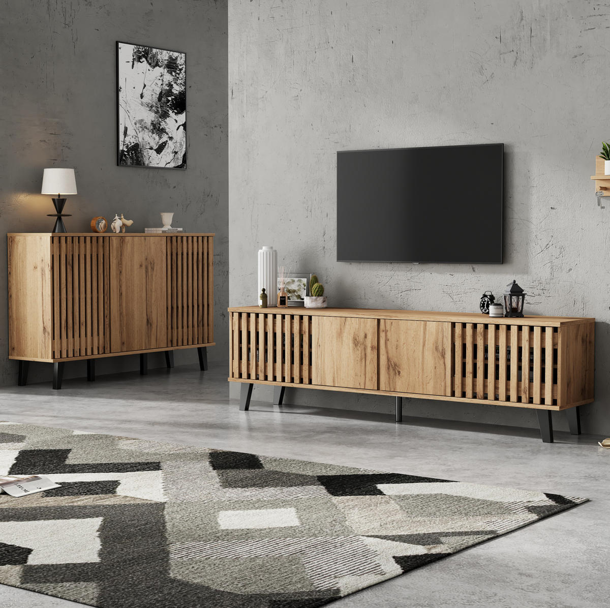 TV stolek a komoda 180/40/55 cm a 150/40/95 cm s otevřenými a uzavřenými přihrádkami, stabilní konstrukce, Přírodní dřevo - světle hnědá, kompozitní dřevo (180/55/40cm) - Redom