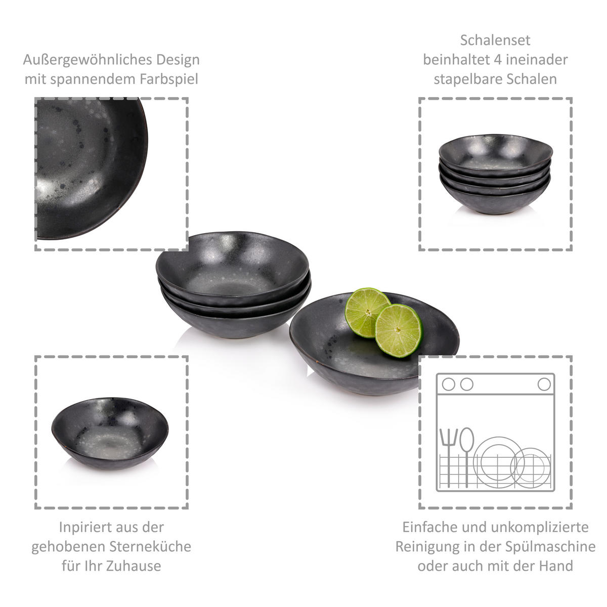 SCHALEN SET TOMBEY - 4 teilig aus Steingut - Dunkelgrau, Keramik (17.5cm) - Sänger