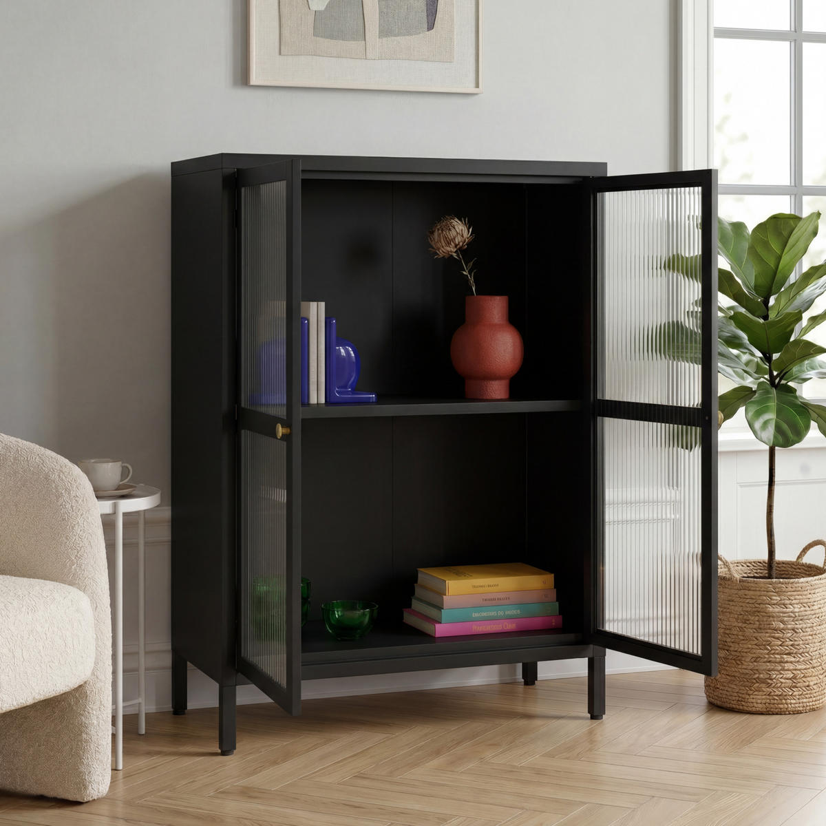 VITRINE Säkylä - Schwarz, Glas/Metall (64/84/35cm) - [en.casa]