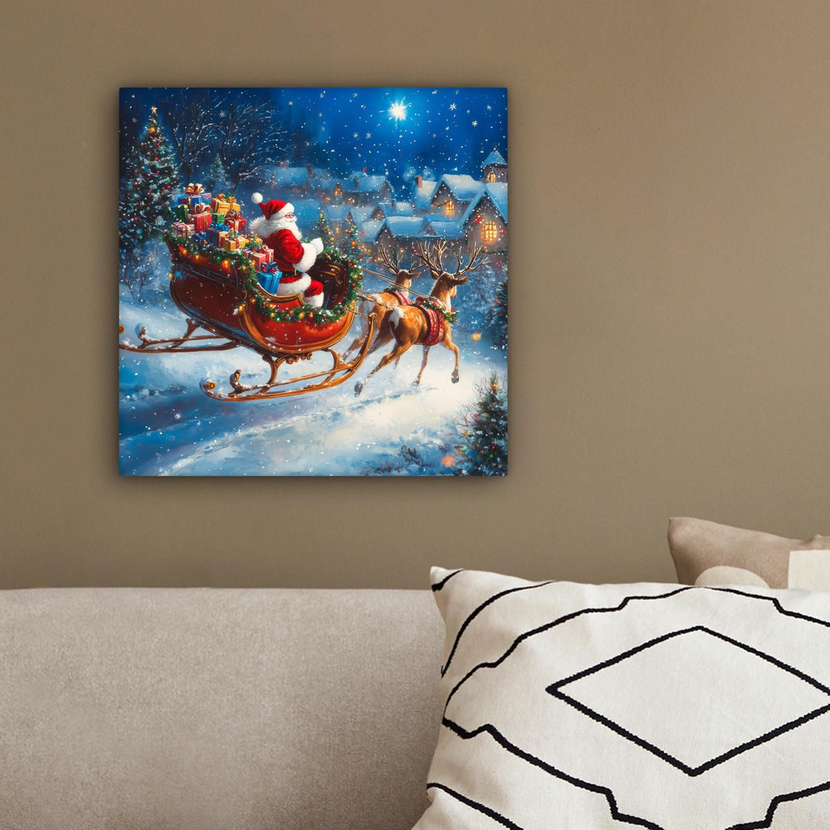 LEINWANDBILD Weihnachtsmann - Rentier - Weihnachten - Schnee 20x20 cm - Cognac, Textil (20/20cm) - MuchoWow