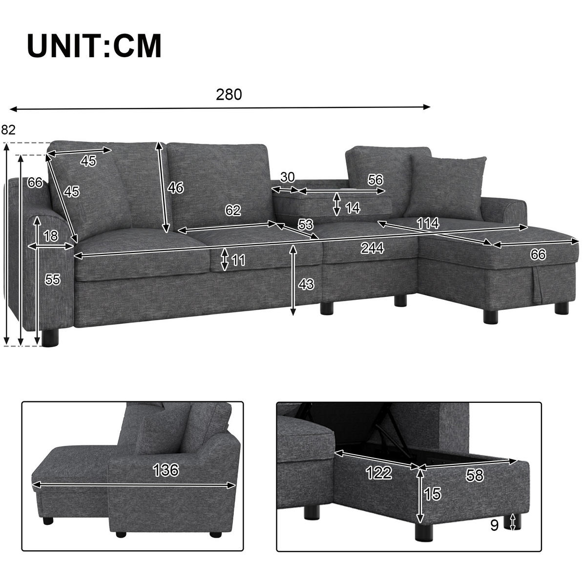 ECKSOFA 280/136/82 cm grau aus Chenille mit Stauraum und Getränkehaltern - Grau, Textil (136/280cm) - OKWISH