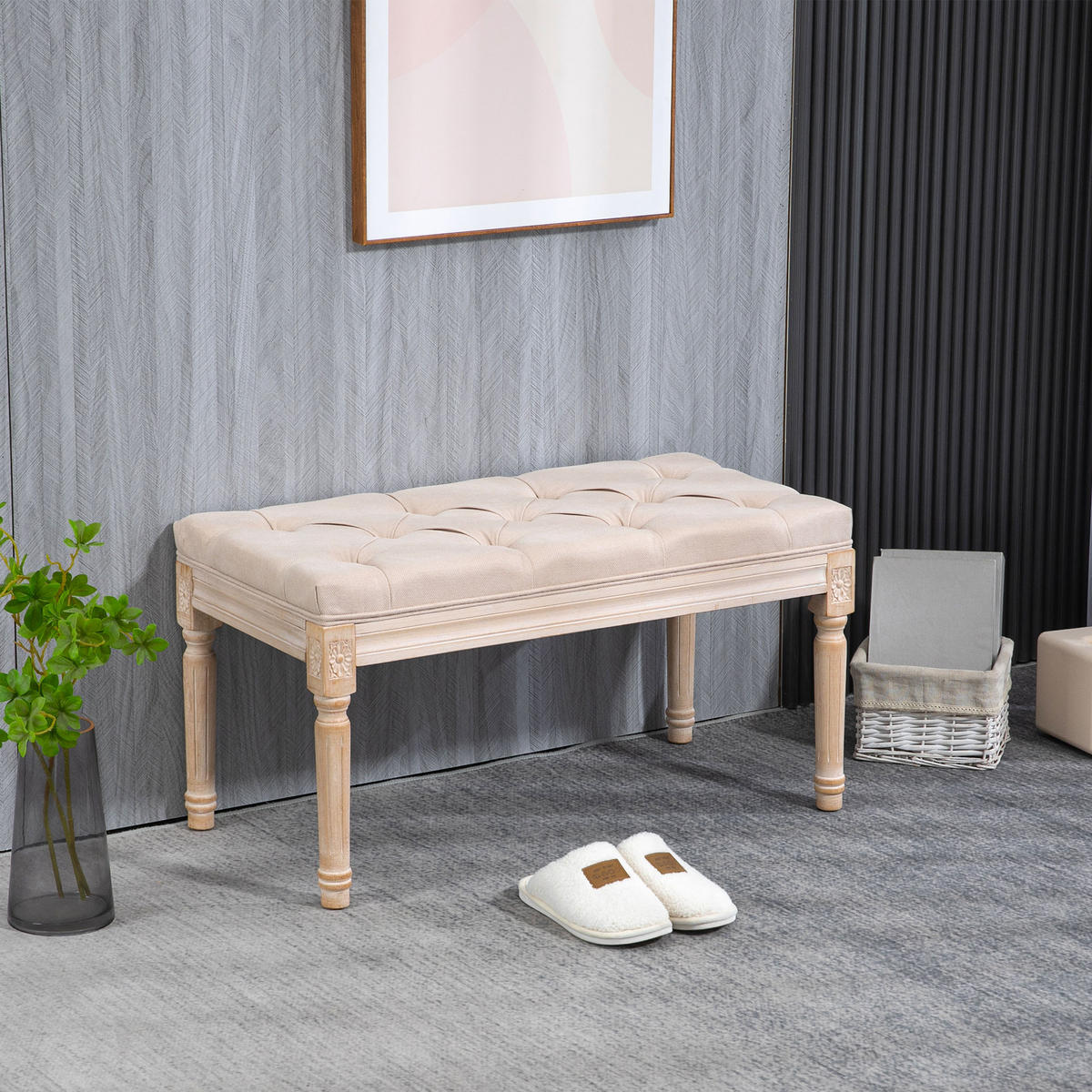 VINTAGE Bettbank mit Knöpfen, Leinenoptik, bis 120 kg Belastbar, Beige - Beige, Kunststoff (40/43/80cm) - HOMCOM