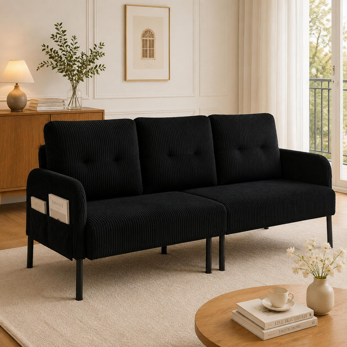 3-SITZER-SOFA DE-33596 mit Seitentaschen Schwarz - Schwarz, Metall (171/80/72cm) - ComfortXL