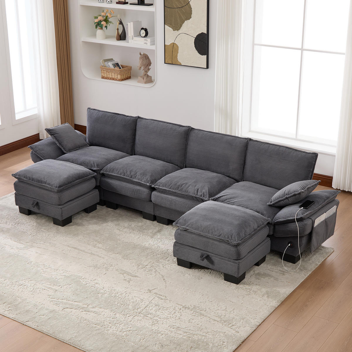 WOHNLANDSCHAFT Cord Dunkelgrau mit 2 Hockern, USB-C und Seitentaschen - Dunkelgrau, Holzwerkstoff/Kunststoff (330/84/132cm) - WISHDOR