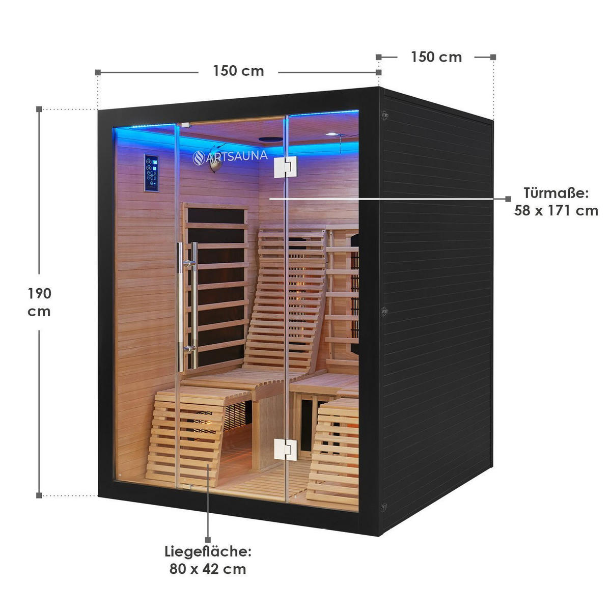 INFRAROTKABINE Helsinki 150 schwarz mit Dual Technologie & LED - Schwarz, Holz (150/190/150cm) - Artsauna