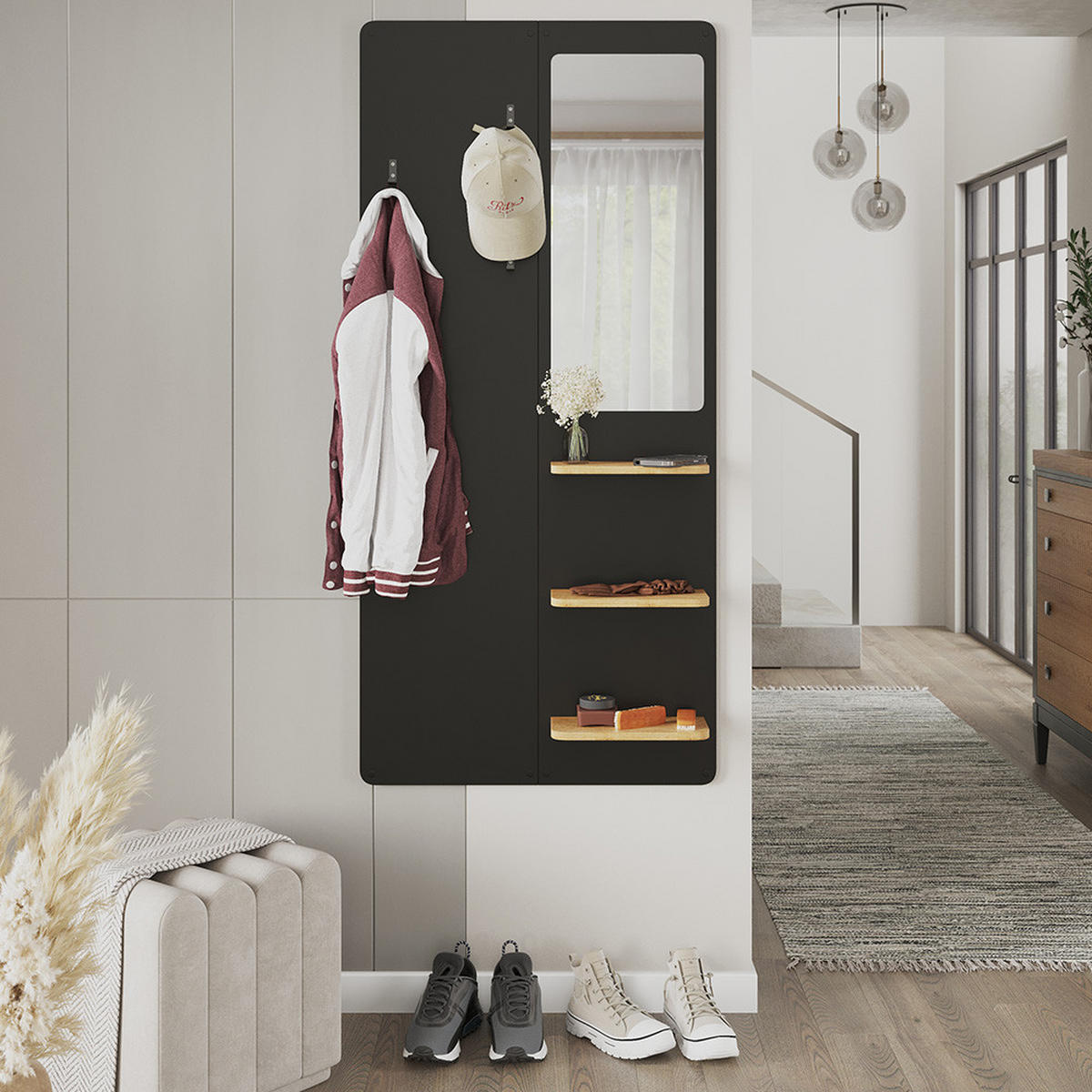 NÁSTĚNNÝ VĚŠÁK Jochen Černá/dubová - černá/barva dubu, kompozitní dřevo (70/150/15cm) - Vicco