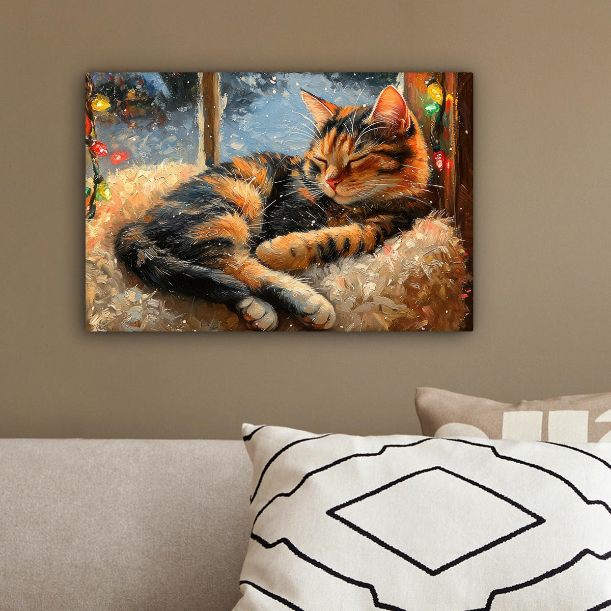 LEINWANDBILD Katze - Weihnachten - Winter - Tier 30x20 cm - Bernsteinfarben, Textil (30/20cm) - MuchoWow