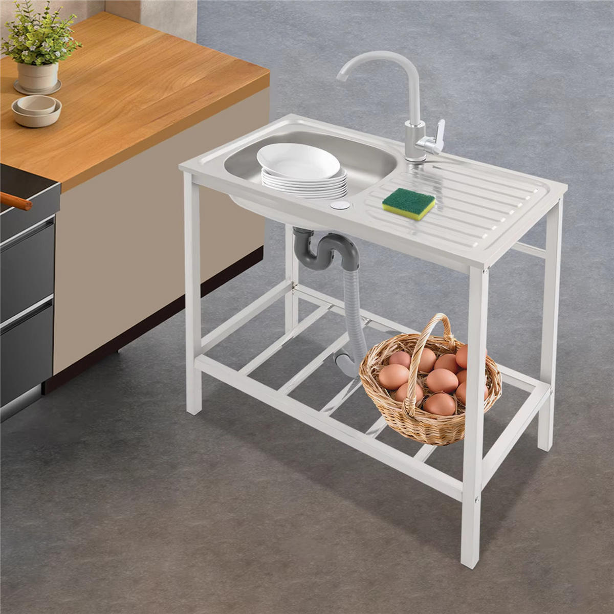 OUTDOORKÜCHE Edelstahl Spüle mit Arbeitsfläche + Wasserhahn - Silberfarben, Metall - Kaket