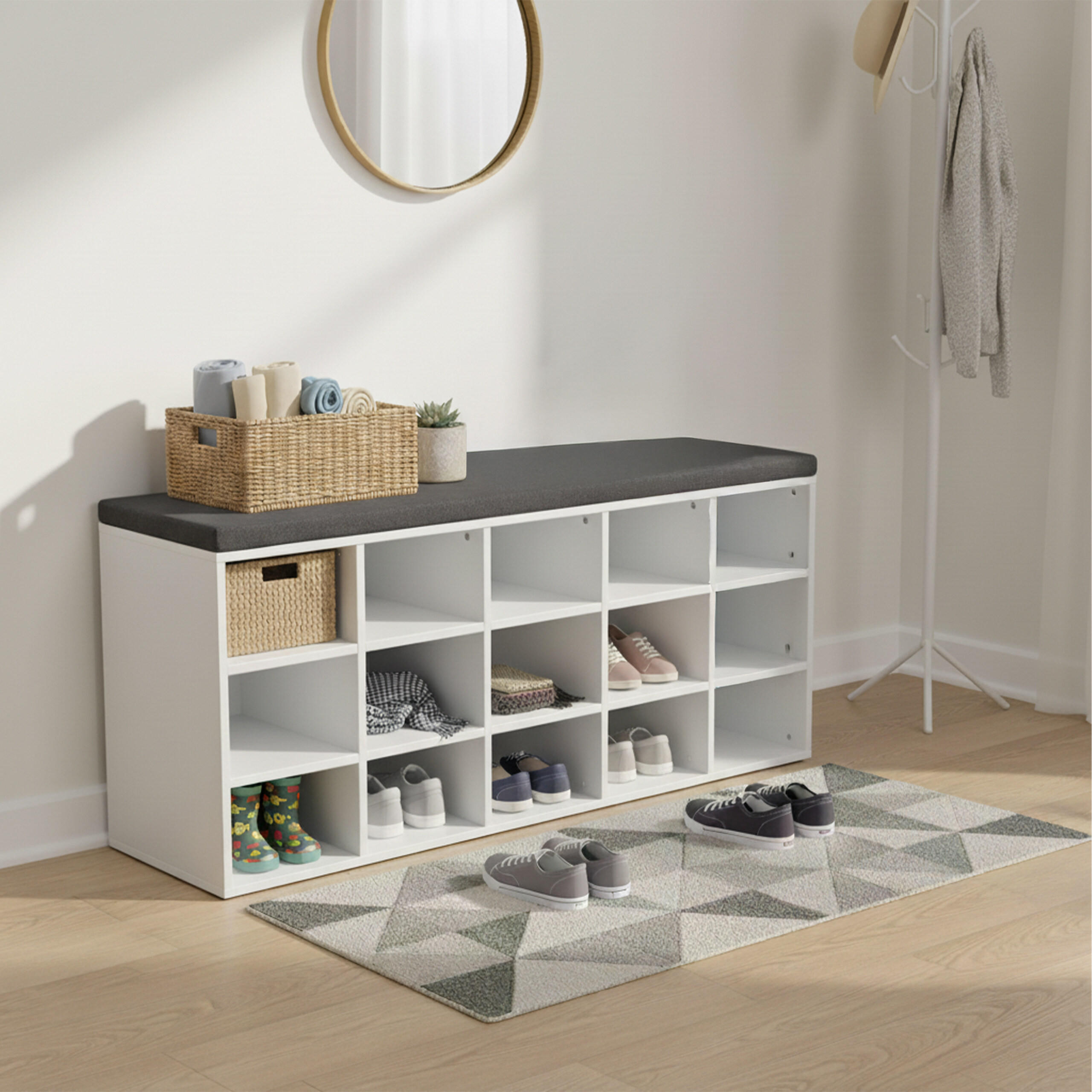 SCHUHBANK - Weiß, Holzwerkstoff/Textil (105/48/30cm) - Relaxdays